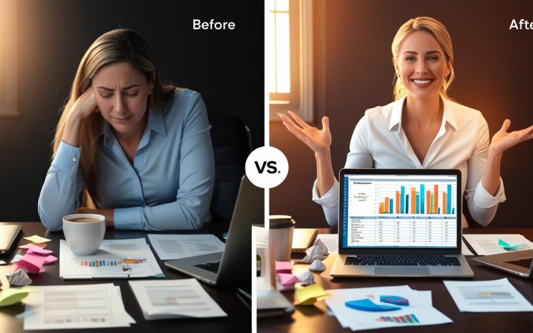 Before and after of a once tired female giving a presentation
